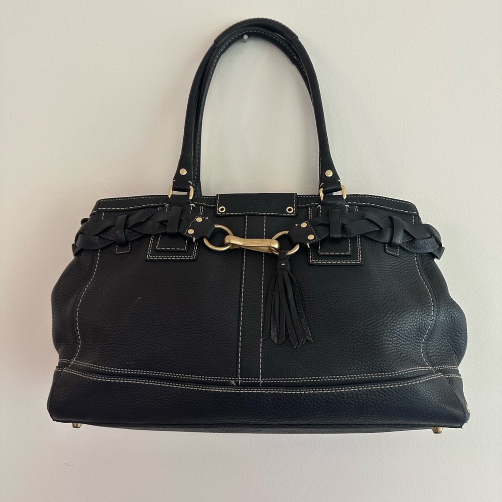 Coach Black Leather East West Shoulder Bag with Gold Accents